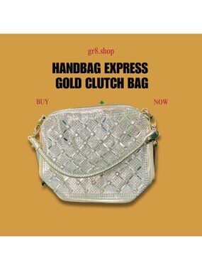 Handbag Express Gold Rhinestone Clutch With Detachable Strap & Polka Dot Interio
